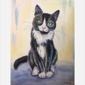 Tuxedo Cat Watercolor painting,  Original black and white cat Art Animal Wall Art 9x12 Pet portrait Wall Decor