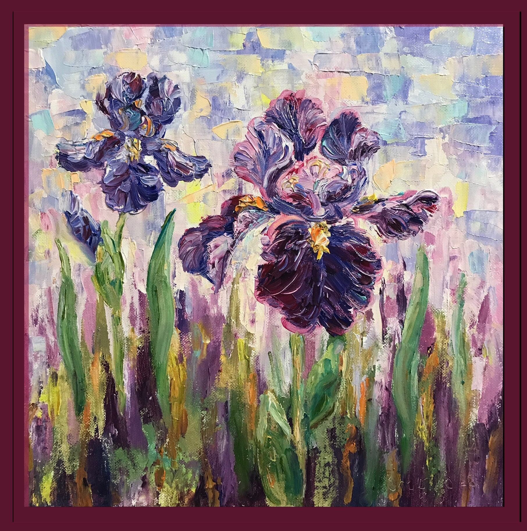 Original Oil Painting Blue Purple Iris Flower Painting Garden Iris Wall ...