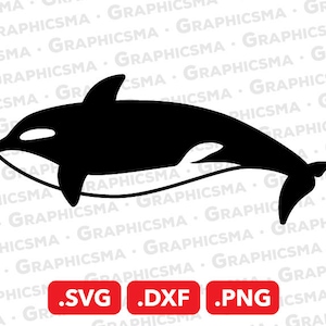 Könnte beinhalten: Schwarze und weiße Silhouette eines Schwertwals, der schwimmt. Der Schwertwals blickt nach links und hat einen weißen Fleck am Auge. Der Schwertwals ist ein beliebtes Meerestier und wird oft in Kunstwerken und Kunsthandwerk dargestellt.