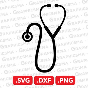 Könnte beinhalten: Schwarze und weiße Silhouette eines Stethoskops, ein medizinisches Instrument, das zum Abhören von Herz- und Lungengeräuschen verwendet wird. Das Stethoskop ist herzförmig. Das Bild enthält die Dateiformate .SVG, .DXF und .PNG.