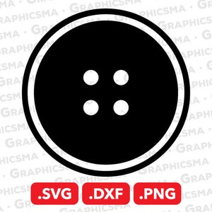 May include: A black and white button with four holes. The button is round and has a white outline.