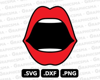May include: A red open mouth with a black interior. The mouth is outlined in black. The image is a simple graphic design.