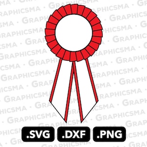 Puede incluir: Una cinta roja y blanca con un círculo en blanco en el centro. La cinta está atada en un lazo en la parte inferior. El texto .SVG .DXF .PNG está debajo de la cinta.