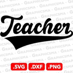 Puede incluir: Gráfico en blanco y negro de la palabra "Teacher" en una fuente de béisbol retro con un arco de estilo béisbol en blanco y negro detrás de la palabra.