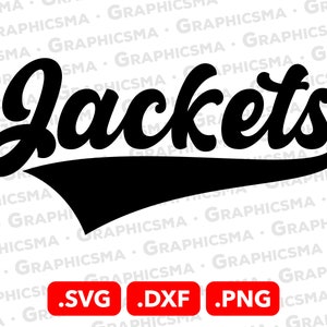 May include: Black and white graphic design of the word "Jackets" in a retro, vintage style font with a curved line underneath. The design is suitable for use on apparel, crafts, and other projects.  The image includes the file formats .SVG, .DXF, and .PNG.