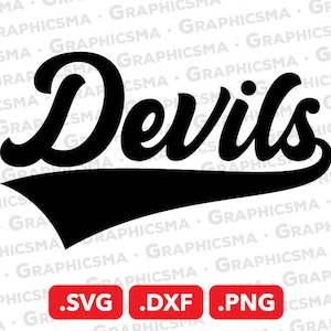 May include: Black and white graphic of the word "Devils" in a vintage baseball font with a black and white curved line underneath. The graphic is available in SVG, DXF, and PNG formats.