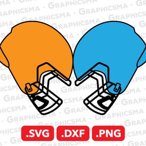 May include: A digital illustration of two football helmets facing each other. The helmet on the left is orange and the helmet on the right is blue. Both helmets have black face masks.