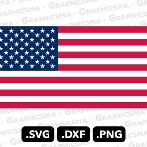 May include: A vector graphic of the American flag, featuring a blue rectangle with white stars in the upper left corner and red and white stripes. Below the flag are three black rectangles with the file type extensions .SVG, .DXF, and .PNG.