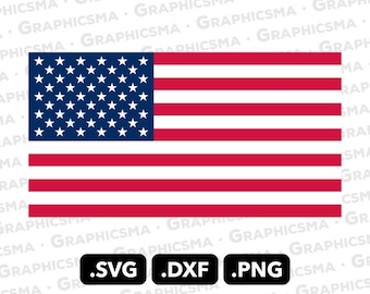 May include: A vector graphic of the American flag, featuring a blue rectangle with white stars in the upper left corner and red and white stripes. Below the flag are three black rectangles with the file type extensions .SVG, .DXF, and .PNG.