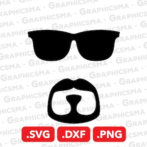 Puede incluir: Silueta en blanco y negro de una persona con gafas de sol y bigote. La imagen incluye el texto .SVG .DXF .PNG.