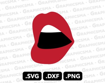 May include: Red lips with a wide open mouth, showing white teeth and a black tongue. The lips are outlined in black and the background is white.