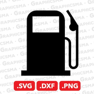 May include: Black and white silhouette of a gas pump with a nozzle. The pump has a rectangular body and a round top. The nozzle is attached to the pump by a hose.