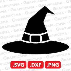 May include: A black witch's hat with a wide brim and a pointed crown. The hat has a black band with a square buckle.