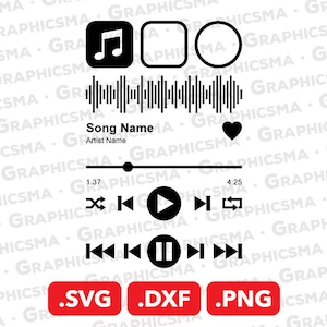 May include: Black and white music player icon with a song title, artist name, and playback controls. The controls include play, pause, skip forward, skip back, and a shuffle button. The player also has a progress bar with time stamps. The image includes the text ".SVG .DXF .PNG".