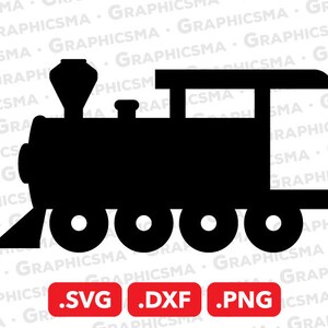 Può includere: Silhouette nera di un treno giocattolo con un camino arrotondato e quattro ruote. Il treno è rivolto a destra. L'immagine include il testo .SVG .DXF .PNG.