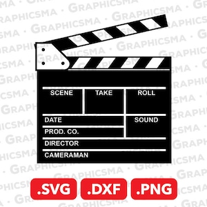 以下が含まれることがあります： 「SCENE」、「TAKE」、「ROLL」の文字が別々のボックスに入った、白黒の映画用カチンコ。下には「DATE」、「PROD. CO.」、「DIRECTOR」、「CAMERAMAN」のボックスがあります。カチンコは開いています。下部の赤いボックスには.SVG .DXF .PNGと書かれています。