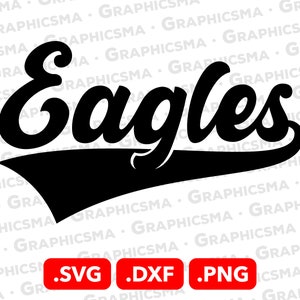 Könnte beinhalten: Schwarzweißgrafik des Wortes "Eagles" in einer Retro-Schriftart mit einer schwarzen und weißen geschwungenen Linie darunter. Der Text "SVG .DXF .PNG" befindet sich unter der Grafik.