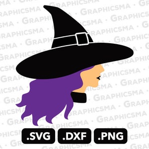 May include: A black witch's hat with a white band and a purple-haired witch in profile.
