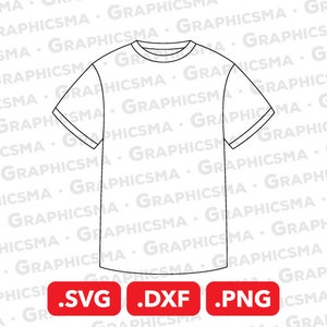 Puede incluir: Un contorno en blanco y negro de una camiseta con cuello redondo y mangas cortas. La imagen incluye el texto .SVG .DXF .PNG.