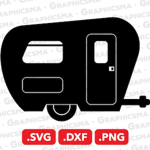 Könnte beinhalten: Schwarze Silhouette eines Vintage-Wohnwagens mit abgerundetem Dach, einer einzigen Tür und einem Fenster. Der Wohnwagen hat ein einzelnes Rad auf jeder Seite und eine Anhängerkupplung.