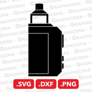 Könnte beinhalten: Schwarze und weiße Silhouette eines Vape-Mods mit einem rechteckigen Körper und einer oberen Kappe. Der Vape-Mod hat einen Knopf an der Seite und einen Bildschirm auf der Vorderseite. Das Bild enthält den Text .SVG .DXF .PNG.