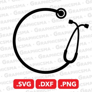 May include: Black and white silhouette of a stethoscope with a circle around it. The circle is empty. The image is on a white background with the text .SVG .DXF .PNG.