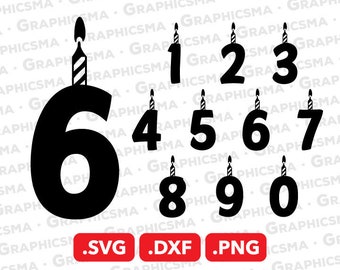 May include: Black number candles from 0 to 9 with lit flames. Each number has a striped candle on top. The image also includes the file type icons .SVG, .DXF, and .PNG in red.