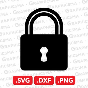 May include: Black padlock icon with a keyhole. The icon is on a white background with the text .SVG .DXF .PNG in red.