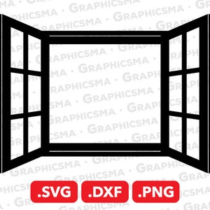 May include: A black silhouette of a window with four panes on each side, open to reveal a blank space. The window is set against a white background with the text '.SVG .DXF .PNG' in red.