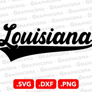 Può includere: Progettazione grafica in bianco e nero della parola "Louisiana" in un font retrò in stile vintage con una linea curva in bianco e nero sotto la parola. Il design è disponibile nei formati .SVG, .DXF e .PNG.