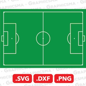 Puede incluir: Un campo de fútbol verde y blanco con líneas que marcan el círculo central, las áreas de penalti y las áreas de meta. El campo está delimitado por una línea blanca.