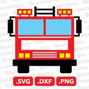 Puede incluir: Un camión de bomberos rojo con una ventana azul, luces amarillas y ruedas negras. El camión es un diseño pixelado.