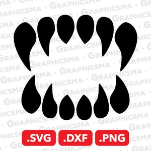 Puede incluir: Gráfico negro de colmillos de vampiro con puntas afiladas y curvas. Debajo, tres rectángulos rojos con las extensiones de archivo .SVG, .DXF y .PNG. Tema de Halloween.