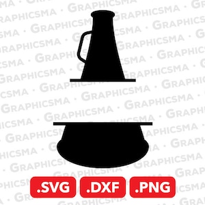 May include: Black silhouette of a megaphone with a handle, above a rounded base. Below, three red boxes display file type extensions: .SVG, .DXF, and .PNG. The background features a repeating pattern of the word "GRAPHICSMA."