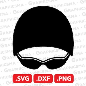 May include: Black and white silhouette of a swimmer's head with a swim cap and goggles.