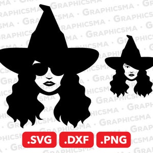 May include: Black and white silhouette of a witch wearing a pointed hat and sunglasses. The witch has long, curly hair.