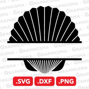 Puede incluir: Silueta en blanco y negro de una concha con un diseño dividido para agregar texto. La mitad inferior de la concha tiene un diseño de rayos de sol. La imagen incluye el texto '.SVG .DXF .PNG'.