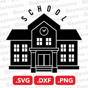 Pode incluir: Silhueta preta e branca de um prédio escolar com uma torre de relógio e janelas. A palavra "SCHOOL" está escrita acima do prédio em uma fonte divertida.