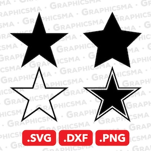 May include: Four black and white star shapes. Two stars are filled in black, one is outlined in black, and one is filled in black with a white outline. The stars are arranged in a grid pattern. The text .SVG .DXF .PNG is below the stars.