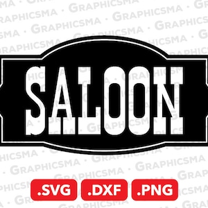 Könnte beinhalten: Ein schwarz-weißes Schild mit dem Wort "SALOON" in einer Vintage-Western-Schriftart. Das Schild ist in Form einer traditionellen Saloon-Tür mit abgerundeter Oberseite gestaltet.