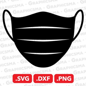 May include: Black and white silhouette of a face mask with five horizontal lines. The mask has a folded shape with a nose wire and ear loops. The image includes the text ".SVG .DXF .PNG".