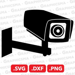 Könnte beinhalten: Schwarz-weiße Silhouette einer Überwachungskamera, die an einer Wand montiert ist. Die Kamera hat ein rundes Objektiv und einen rechteckigen Körper.