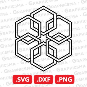May include: A black and white geometric design with six interlocking hexagons. The design is symmetrical and has a repeating pattern.