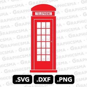 May include: A red telephone booth illustration with the word "TELEPHONE" at the top. The booth has a rectangular shape with a door and window panes. Below are the file type icons: .SVG, .DXF, and .PNG.