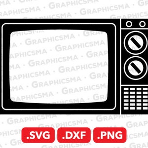 May include: A black and white silhouette of a vintage television set with a rectangular screen, two round knobs, and a grid of buttons on the right side.