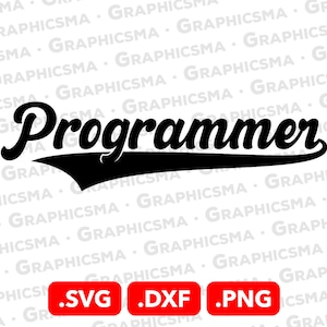 Może przedstawiać: Czarno-biała grafika słowa "Programista" w retro stylu bejsbolowym z zakrzywioną linią w kolorze czarnym i białym za słowem. Obraz zawiera typy plików .SVG, .DXF i .PNG.