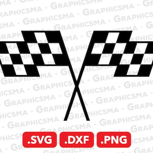 May include: Black and white checkered racing flags crossed over each other. The flags are a common symbol of racing and competition. The image includes the text .SVG .DXF .PNG.