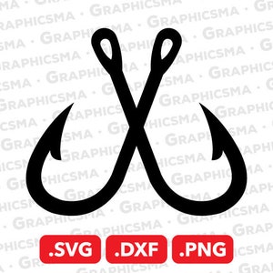 May include: A black silhouette of two crossed fishing hooks. The hooks are in the shape of a letter X. The image is on a white background.