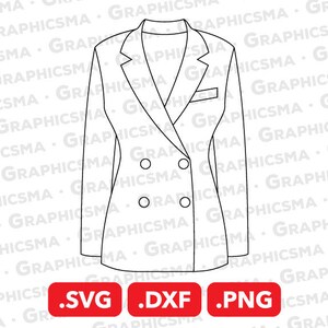 May include: A black and white line drawing of a double-breasted blazer with a single pocket on the left side. The blazer has a notched collar and long sleeves.