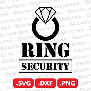 Pode incluir: Design gráfico preto e branco com um anel de diamante e o texto "RING SECURITY". O design está disponível nos formatos de arquivo .SVG, .DXF e .PNG.